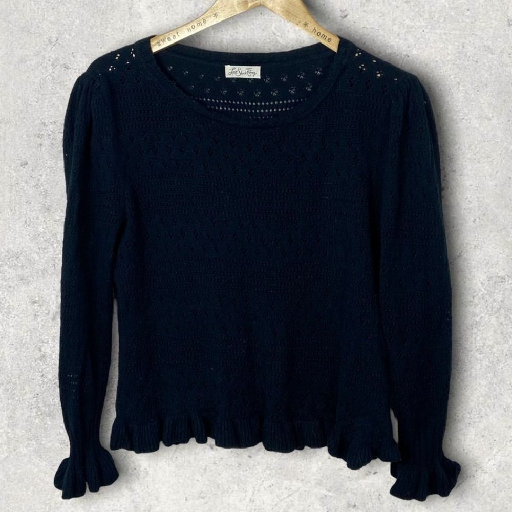 LOVESHACKFANCY Alpaca Boho Wool Blue Sweater‎ Puff Sleeve Ruffle Trim Size Large